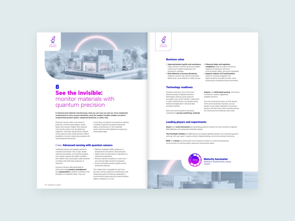 Een opengeslagen spread uit de brochure Quantum in action over kwantumsensoren in de chemie.