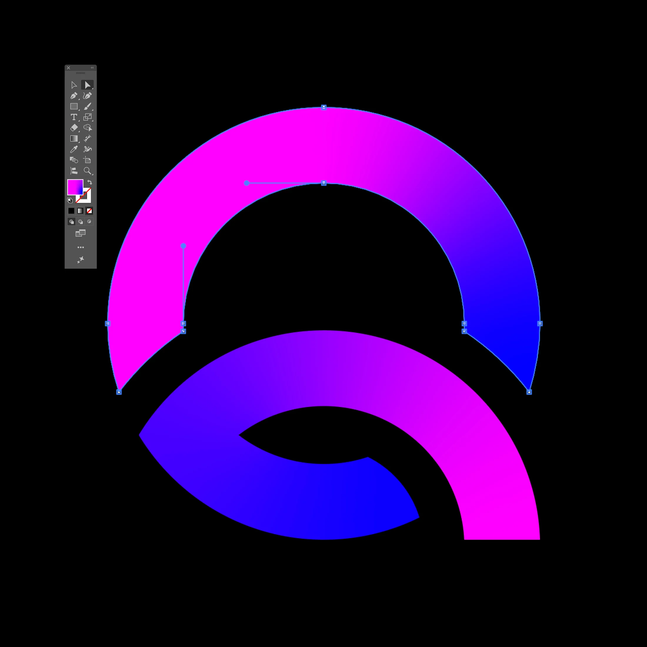 Het beeldmerk van Quantum Circle in roze en blauw, in ontwerp.